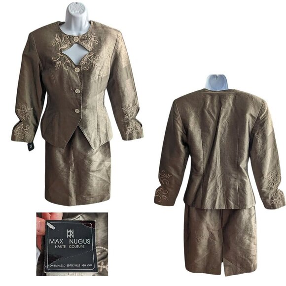 Rare NWT Vtg Y2K MAX NUGUS Haute Couture Bronze Art Deco Silk Skirt Suit Sz 8 - Picture 1 of 9